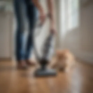 Homeowner using corded handheld vacuum for pet hair removal