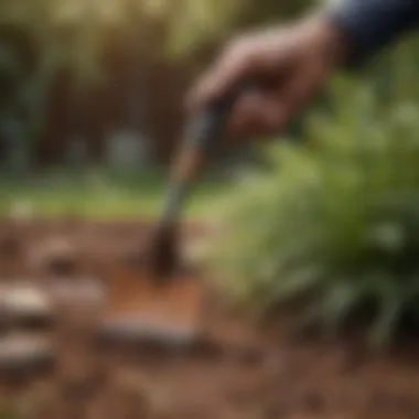 Person applying rust remover to a garden tool