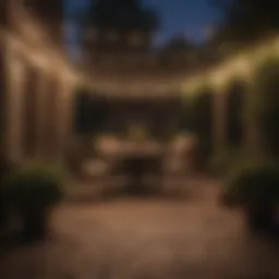 Illuminated outdoor patio with string lights on support wire