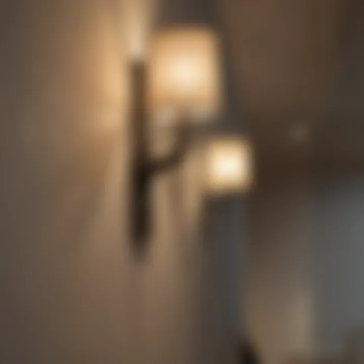 Wall-mounted sconces casting warm light on stairwell