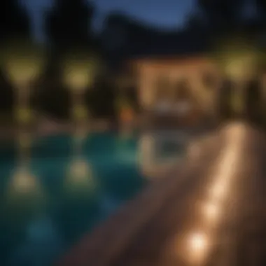 Elegant Illumination of Pool Area Elegant string lights illuminating a serene pool area at night