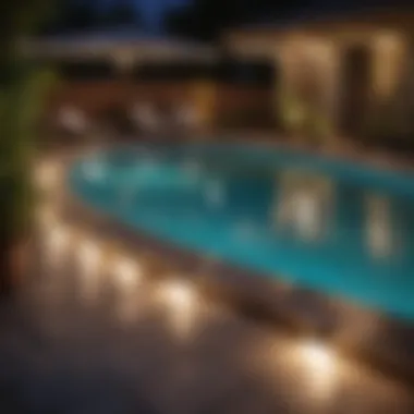 Safety Considerations for Pool Lighting Safety tips displayed alongside a glowing pool area with string lights