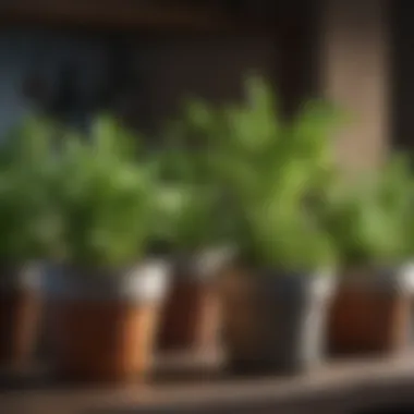 Close-up view of herbs thriving in decorative pots