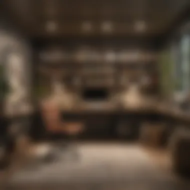 Stylish Home Office in Finished Basement Elegant home office setup in a finished basement featuring stylish decor and good lighting