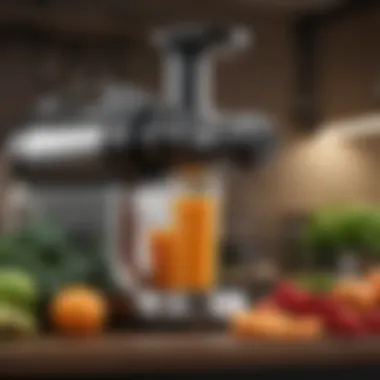 Close-up of Kuvings juicer extracting juice from fruits and vegetables