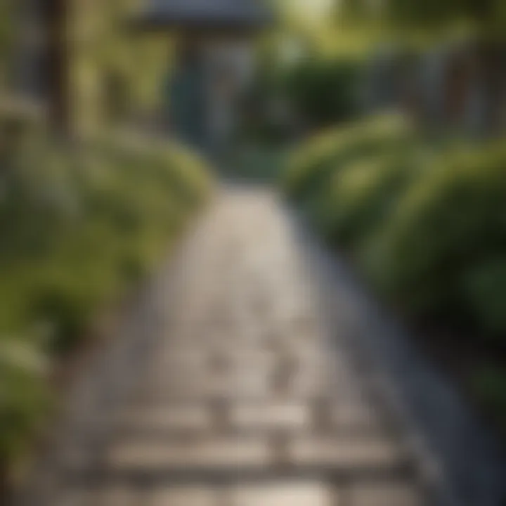 A lush garden pathway framed by unique paving stones