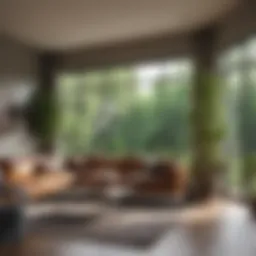 A cozy living room with large windows showcasing lush greenery outside.
