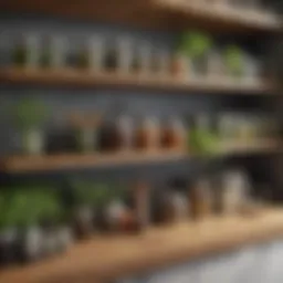 Sleek modern shelving featuring an assortment of herbs and spices.