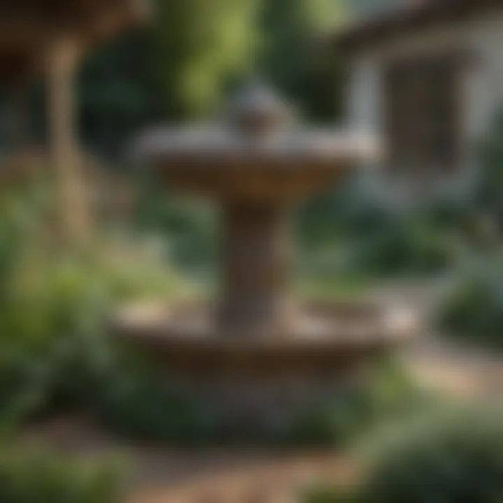 Rustic fountain adding charm to a cottage-style garden