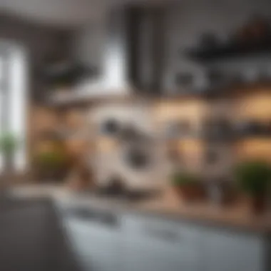 Open shelving unit displaying pots in a modern kitchen