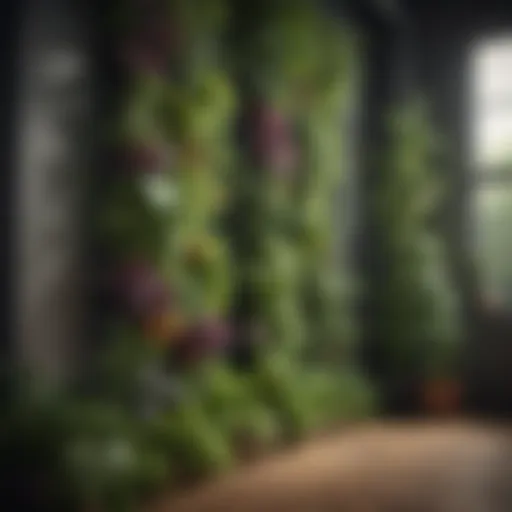 Artistic rendering of a modern vertical garden with cascading vegetable plants