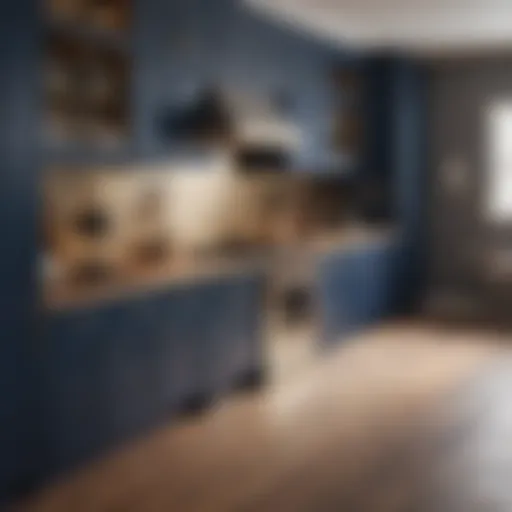 Elegant navy blue kitchen cabinetry with gold accents