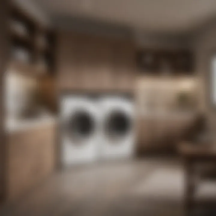 Modern laundry room with stylish cabinetry and organized shelves