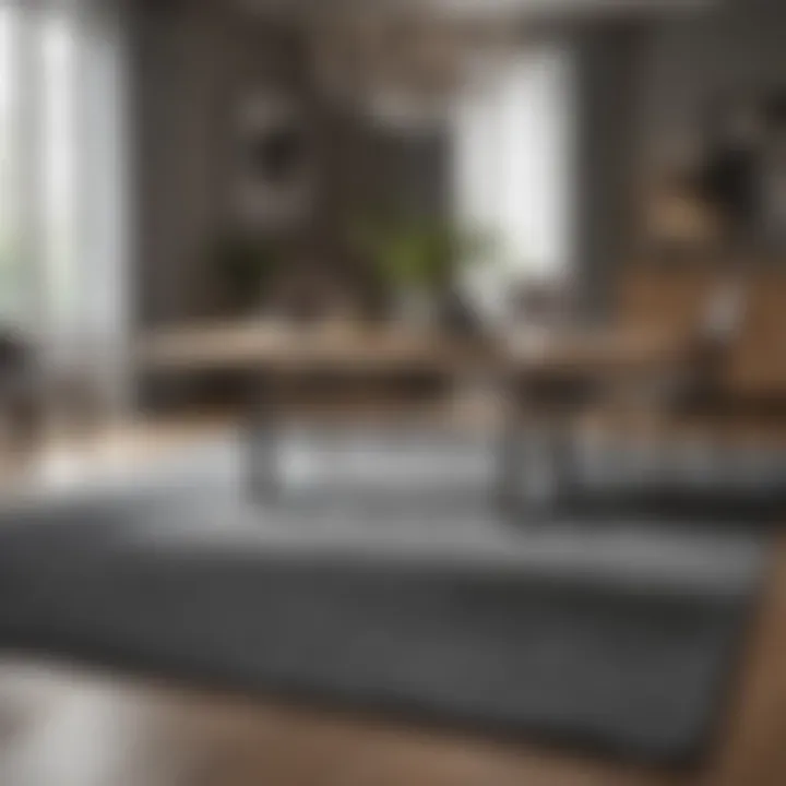 Luxurious grey dining room rug complementing a wooden dining table