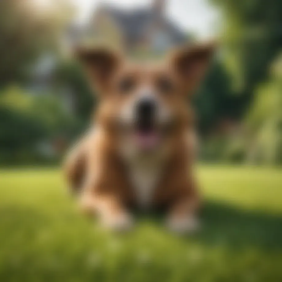 A lush green lawn with a happy dog playing