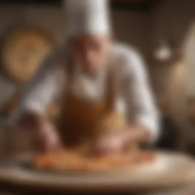 Pizza dough being skillfully stretched by a chef