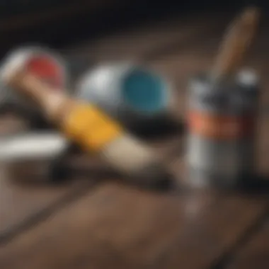 Various paint options displayed alongside brushes and rollers for deck painting