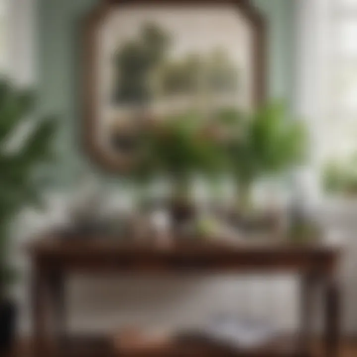 Vintage entryway table with botanical decor in a small area