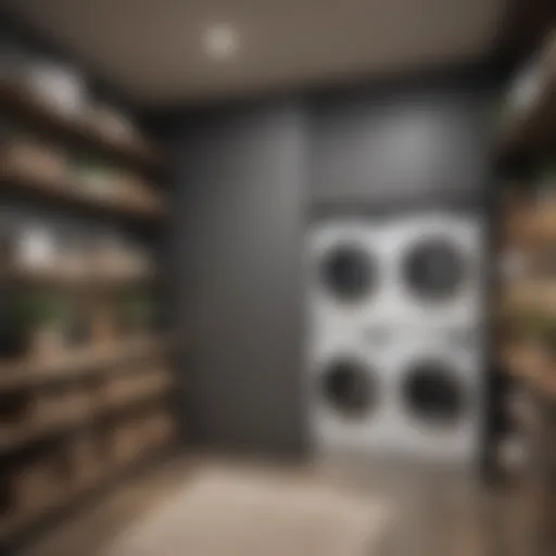 Contemporary laundry room with sleek storage shelves