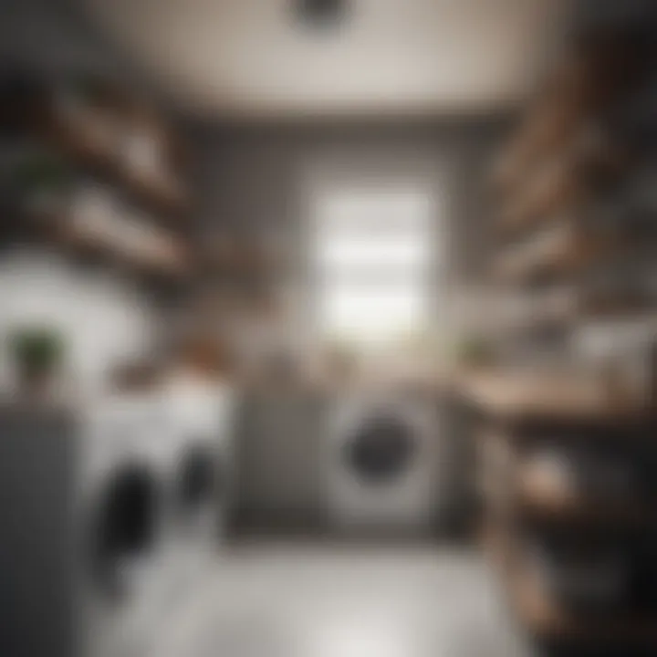 Organized laundry room featuring open shelving units