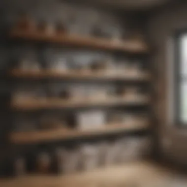 Wooden storage shelves in a rustic laundry space