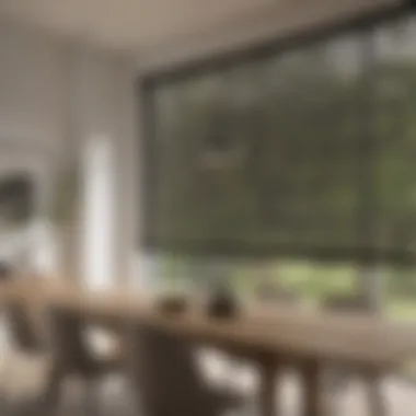 Minimalist dining room with sleek blinds