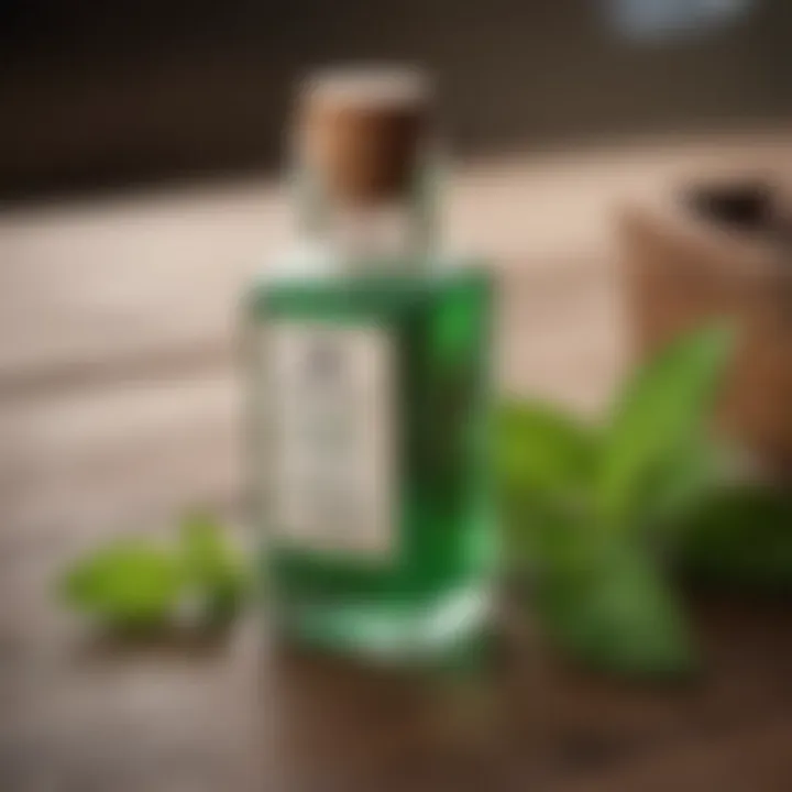 A bottle of mint oil on a wooden surface