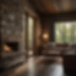A beautifully designed modern cabin interior showcasing natural wood and stone elements