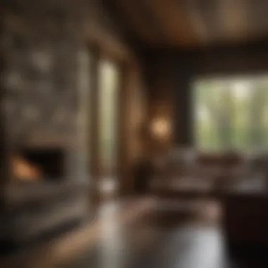 Embracing Nature: Wood and Stone Harmony A beautifully designed modern cabin interior showcasing natural wood and stone elements