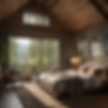 Tranquil Retreat: Nature-Inspired Bedroom Design A serene bedroom in a modern cabin, incorporating nature-inspired decor and soft textiles