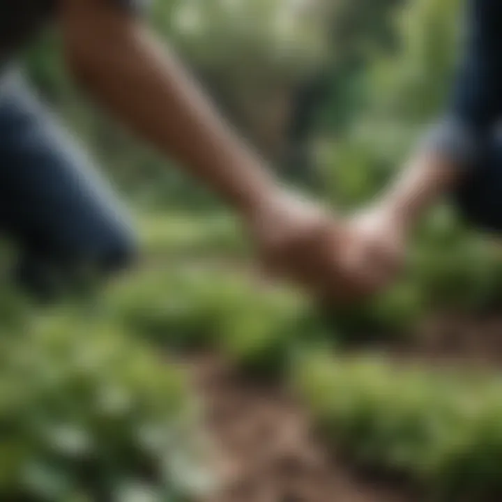 Hand weeding technique in a garden setting