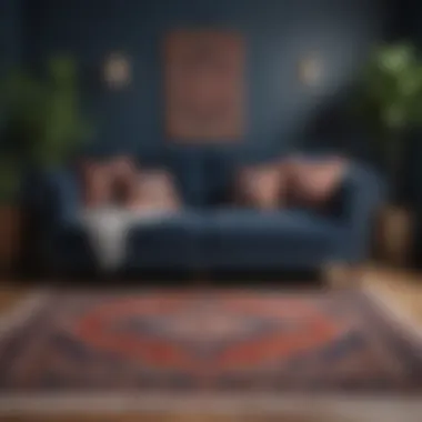 Bohemian Elegance Bohemian chic rug enhancing navy couch ambiance