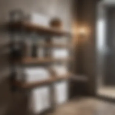 Rustic open towel shelves in a cozy bathroom