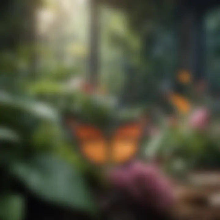 Butterflies fluttering around blooming plants in a lush garden.