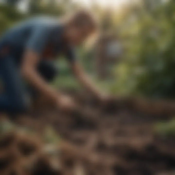 A gardener adding compost to a raised garden bed