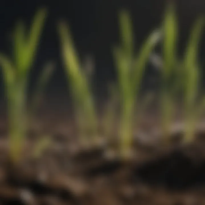 Close-up of grass seeds beginning to germinate