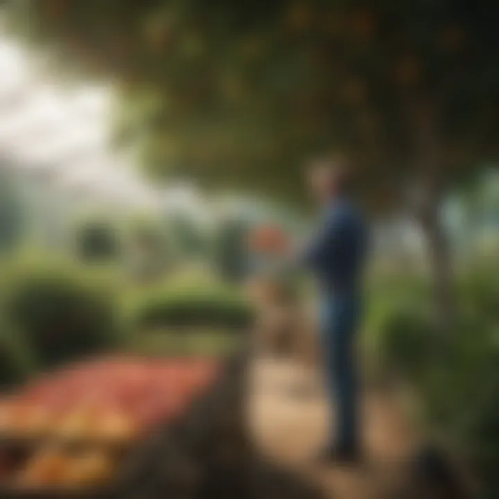 A gardener analyzing fruit tree varieties in a local nursery with vibrant greenery in the background