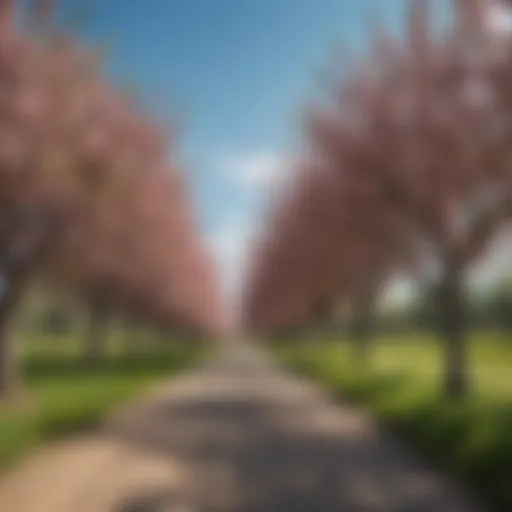 A vibrant orchard showcasing various fruit trees in full bloom under a clear blue sky