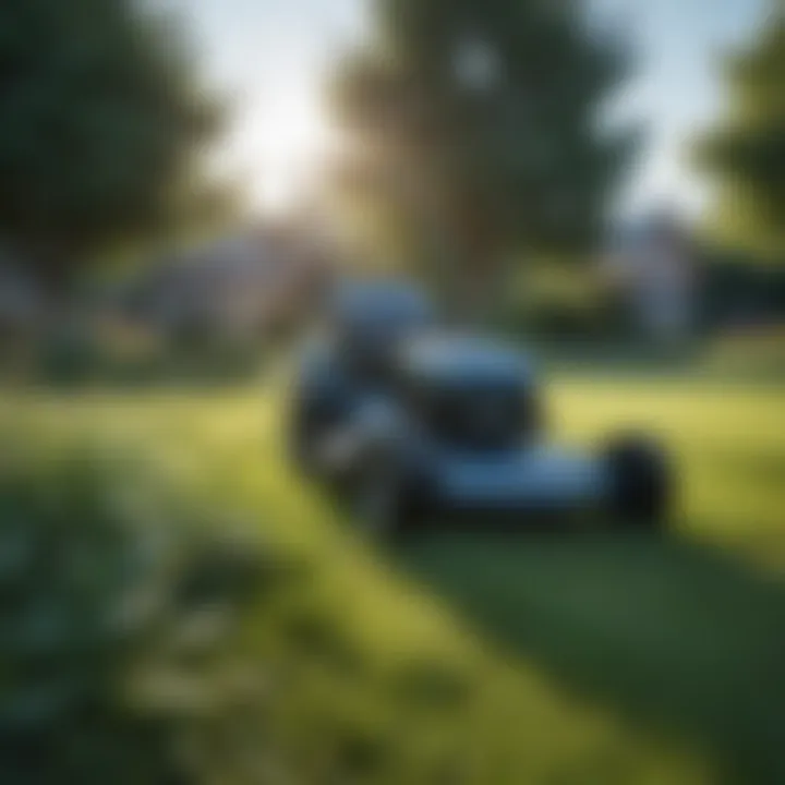 Lawn mower cutting grass under clear blue sky