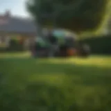 Lush green lawn being mowed in early morning light