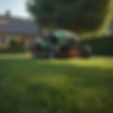 Lush green lawn being mowed in early morning light