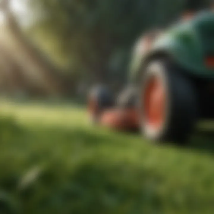 Freshly cut grass with morning dew being mowed gently