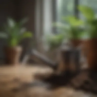 A watering can pouring water into a pot with healthy soil