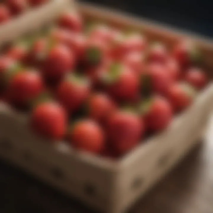 Harvested strawberries arranged beautifully on a wooden basket