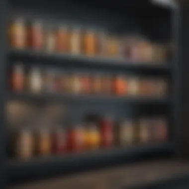 Neatly organized condiments on a modern shelf