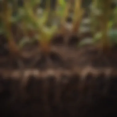 Close-up of rich soil and plant roots in a container