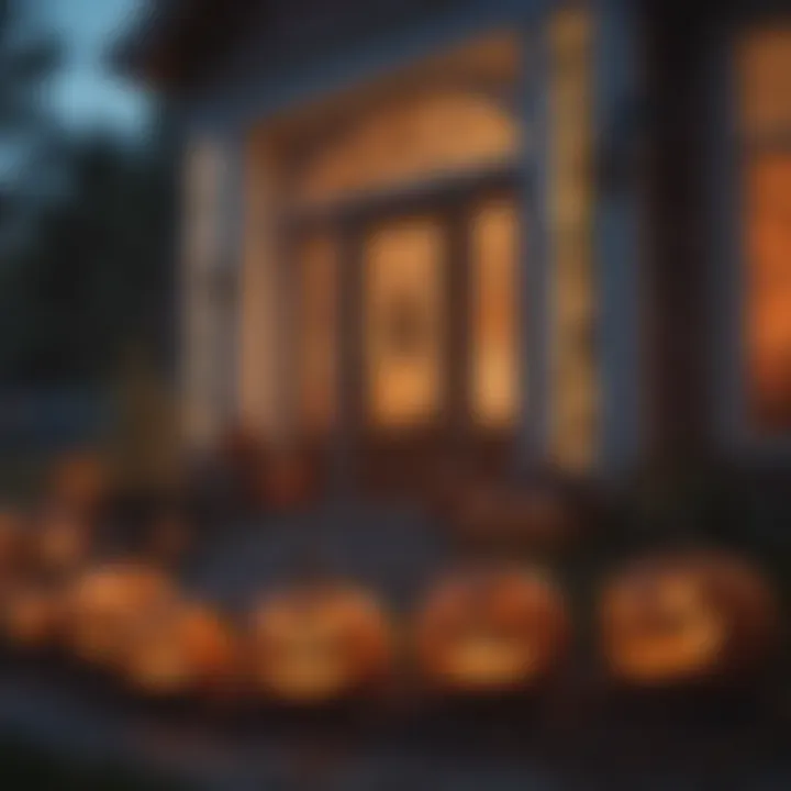 A festive outdoor display featuring carved pumpkins and eerie lighting