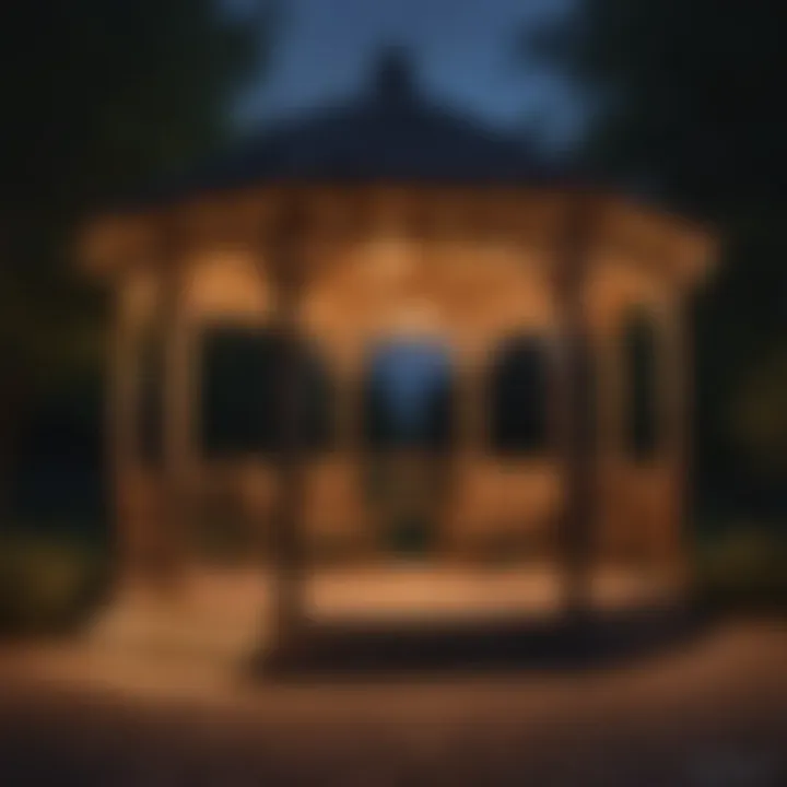 A beautifully illuminated gazebo with hanging lights showcasing an enchanting evening ambiance.