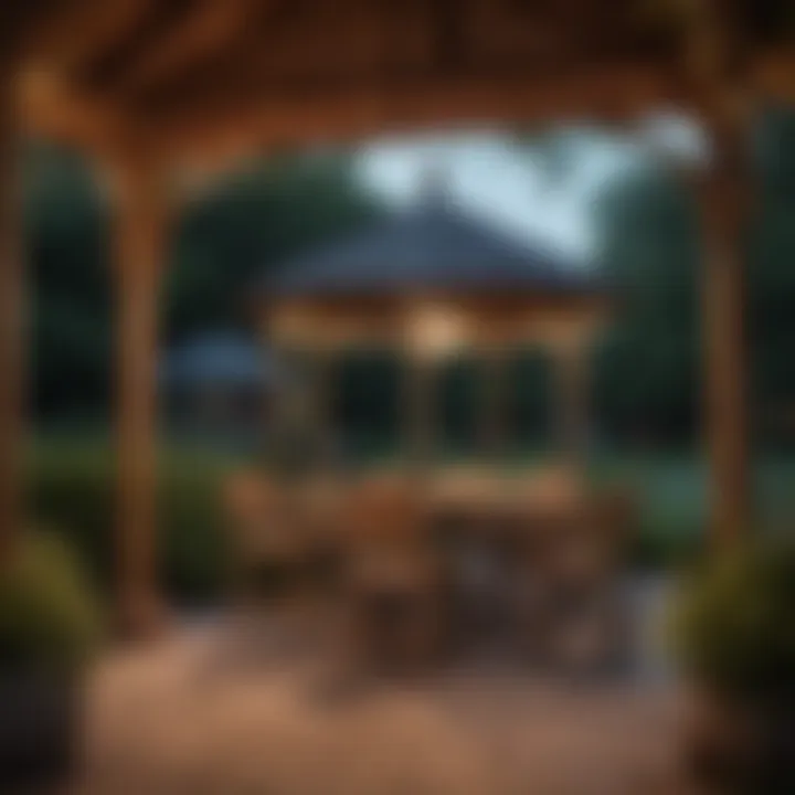 A well-designed outdoor setting with a gazebo adorned with hanging lights, perfect for social gatherings.