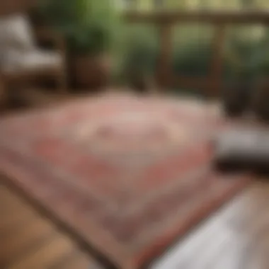 Different styles of outdoor rugs laid out on a deck